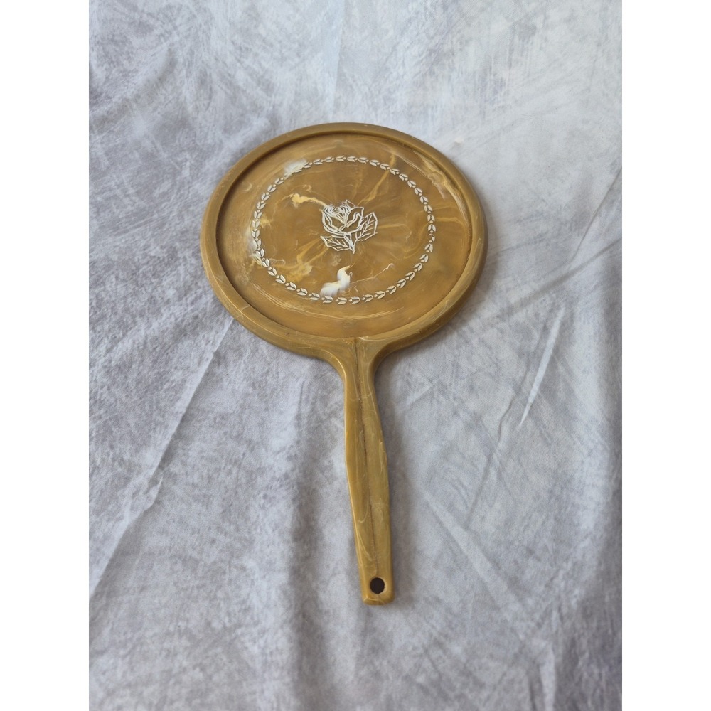 Vintage Large Hand Held Vanity Mirror with Floral Design 1950s Gold Tan - Picture 13 of 13